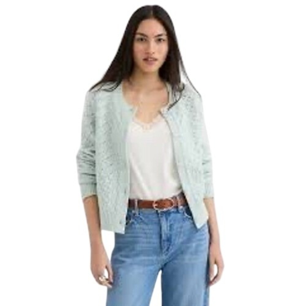 LOFT Women's Light Green Crochet Knit‎ Button Front Cardigan Sweater Size S